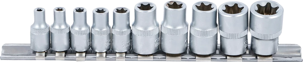 Conjunto de encaixes para chave de caixa perfil em E | Entrada de quadrado interno de 6,3 mm (1/4") / 10 mm (3/8") | E4 - E16 | 10 peças