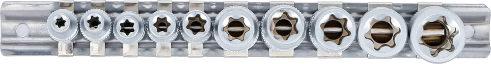 Conjunto de encaixes para chave de caixa perfil em E | Entrada de quadrado interno de 6,3 mm (1/4") / 10 mm (3/8") | E4 - E16 | 10 peças