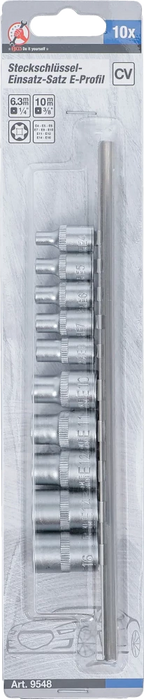 Conjunto de encaixes para chave de caixa perfil em E | Entrada de quadrado interno de 6,3 mm (1/4") / 10 mm (3/8") | E4 - E16 | 10 peças
