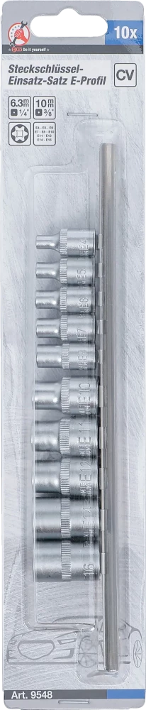 Conjunto de encaixes para chave de caixa perfil em E | Entrada de quadrado interno de 6,3 mm (1/4") / 10 mm (3/8") | E4 - E16 | 10 peças