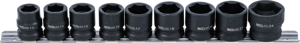 Conjunto de encaixes para chave de caixa de impacto sextavados, extra planos | Entrada de quadrado interno de 12,5 mm (1/2") | 13 - 24 mm | 9 peças