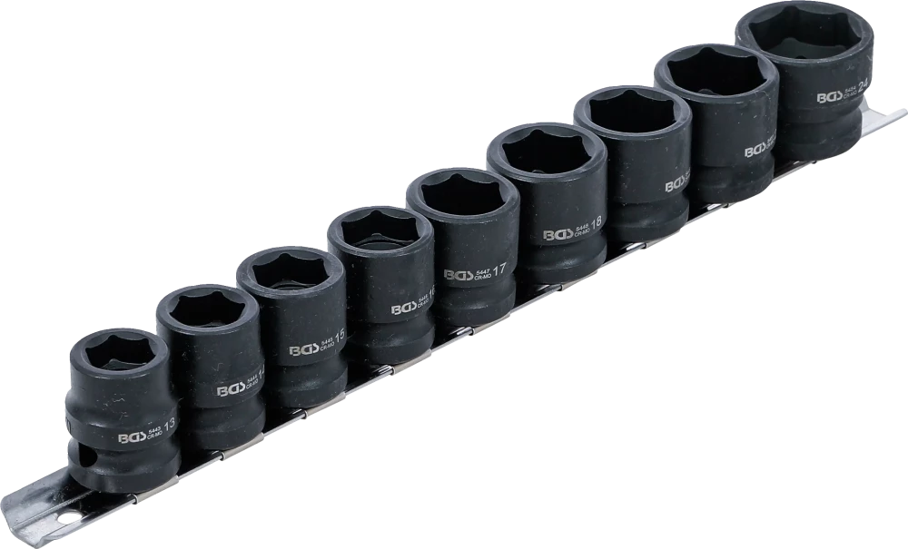 Conjunto de encaixes para chave de caixa de impacto sextavados, extra planos | Entrada de quadrado interno de 12,5 mm (1/2") | 13 - 24 mm | 9 peças
