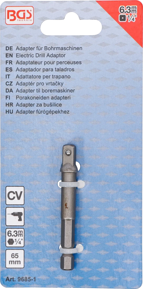 Adaptador para perfuradoras | Entrada de sextavado externo 6,3 mm (1/4") / Saída de quadrado externo 6,3 mm (1/4")