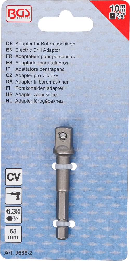 Adaptador para perfuradoras | Entrada de sextavado externo 6,3 mm (1/4") / Saída de quadrado externo 10 mm (3/8")