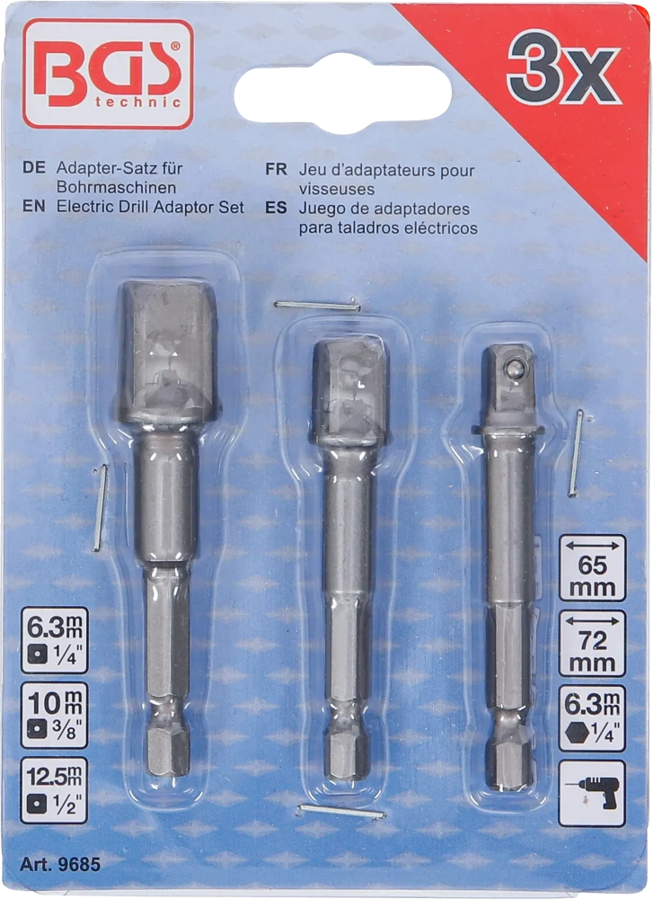 Conjunto de adaptadores para perfuradoras | Entrada sextavado externo 6,3 mm (1/4") | Saída de sextavado externo 6,3 mm (1/4"), 10 mm (3/8"), 12,5 mm (1/2"), 3 peças
