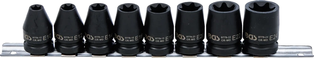 Conjunto de encaixes para chave de caixa de impacto perfil em E | Entrada de quadrado interno de 12,5 mm (1/2") | E10 - E24 | 8 peças