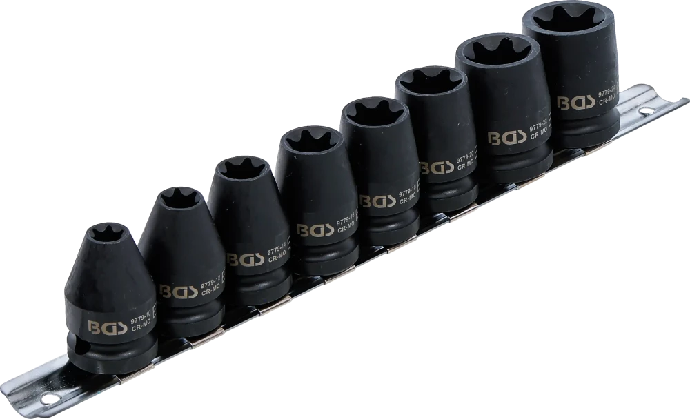 Conjunto de encaixes para chave de caixa de impacto perfil em E | Entrada de quadrado interno de 12,5 mm (1/2") | E10 - E24 | 8 peças