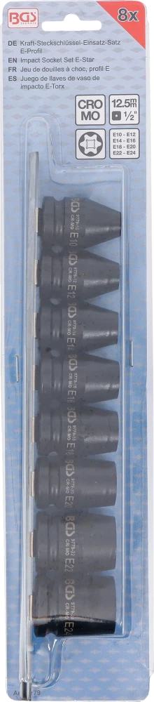 Conjunto de encaixes para chave de caixa de impacto perfil em E | Entrada de quadrado interno de 12,5 mm (1/2") | E10 - E24 | 8 peças