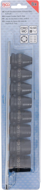 Conjunto de encaixes para chave de caixa de impacto perfil em E | Entrada de quadrado interno de 12,5 mm (1/2") | E10 - E24 | 8 peças