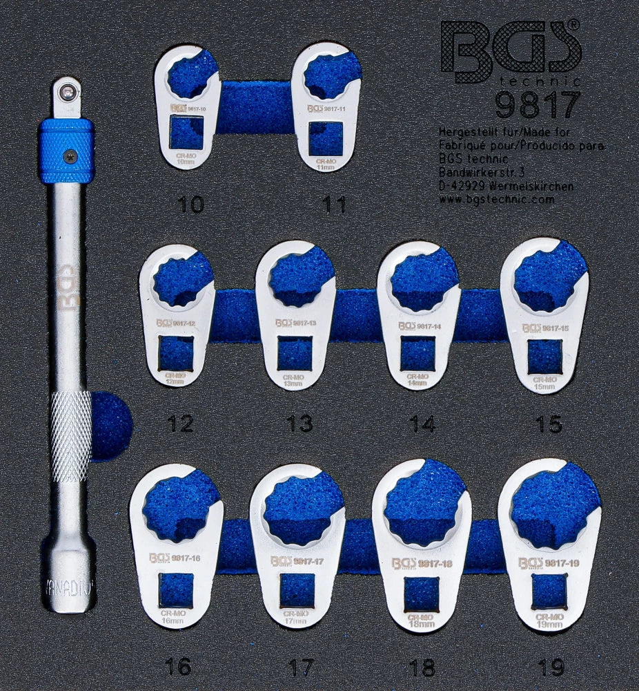 Inserção para carrinho de ferramentas 1/6: Conjunto de chaves hexagonais de boca aberta | 10 - 19 mm | 10 mm (3/8") | 11 peças