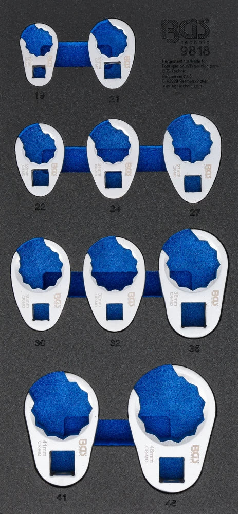 Bandeja para carrinho de ferramenta 1/3: Conjunto de chaves hexagonais de boca aberta | 10 mm / 12,5 mm (1/2") / 20 mm (3/4") | 10 peças
