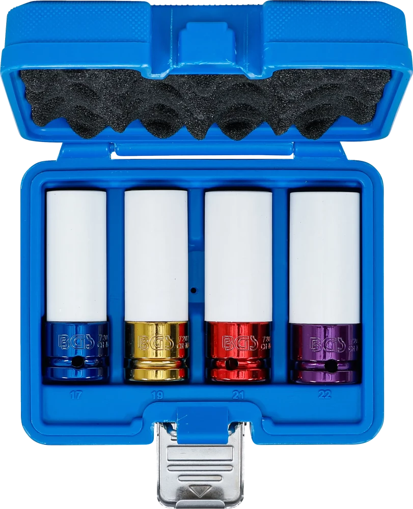 Conjunto de encaixes de impacto com proteção | Entrada de quadrado interno de 12,5 mm (1/2") | 17 / 19 / 21 / 22 mm | 4 peças