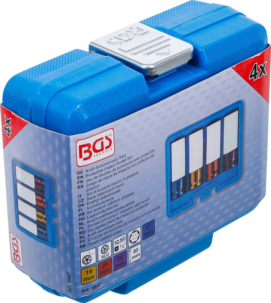 Conjunto de encaixes de impacto com proteção | Entrada de quadrado interno de 12,5 mm (1/2") | 17 / 19 / 21 / 22 mm | 4 peças